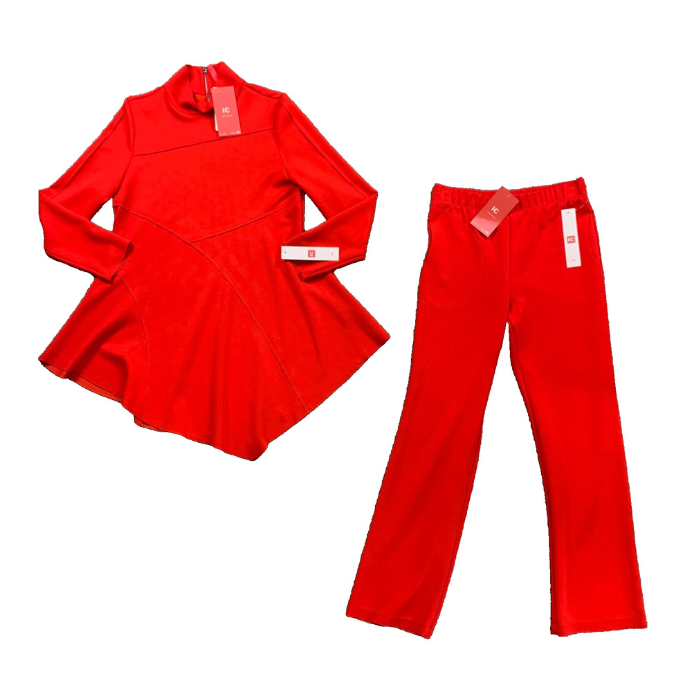 IC Collection Top Pants Women XS Extra Small Red Asym Tunic Pull On Stretch Knit